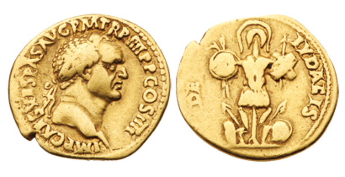  Very rare Judaea Capta type gold aureus features a Roman trophy with the inscription DE IVDAEIS, minted at Lugdunum (modern Lyon, France).