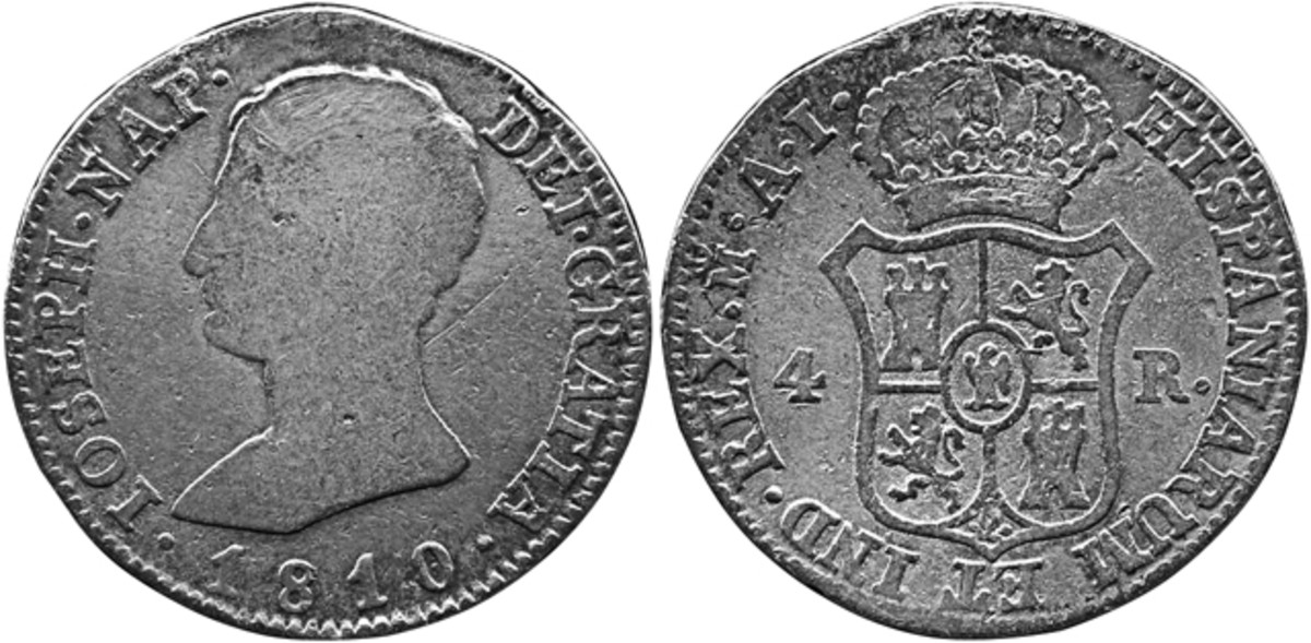 The French occupation of Spain was accompanied by a puppet king and inflation money. This coin, from the Madrid mint, looks like, no, is a 2 reales but it says its a 4. (Actual size, 26mm)