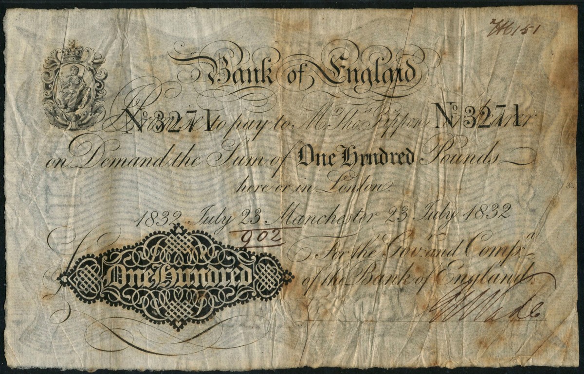 One of just two extant BoE Thomas Rippon £100s of 23 July 1832 (P-216; EPM B202a). It secured top price of $82,340 at Spink’s May sale of the Lou Manzi collection. (Image courtesy and © Spink London.)