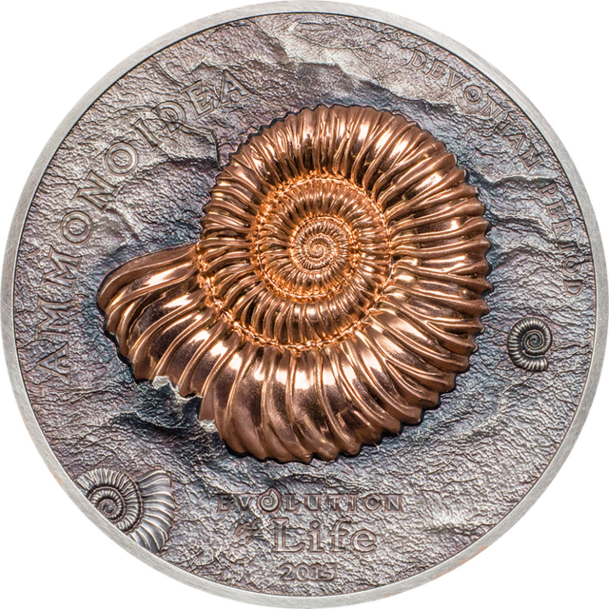The silver coin of Mongolia’s new Evolution of Life series celebrate amazing ammonites in high-relief. The silver has an antiqued finish. Images courtesy Coin Invest Trust.