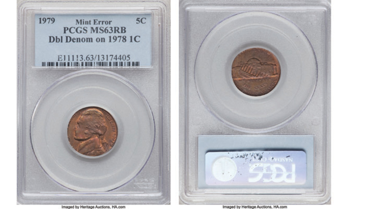 This Mint error occurred on a 1979 5C Jefferson nickel…or is it a 1978 cent?  Struck flush with the collar die at 2 o’clock, the nickel date is full and clear. The cent date is inverted and surprising sharp, located on Jefferson’s nose. Lincoln gazes west relative to Jefferson. The Lincoln Memorial is visible where it overlaps Monticello. A majority of IN GOD WE TRUST and more than half of E PLURIBUS is off the flan.  Winning bid was $3,360.  (Images courtesy of Heritage Auctions.)