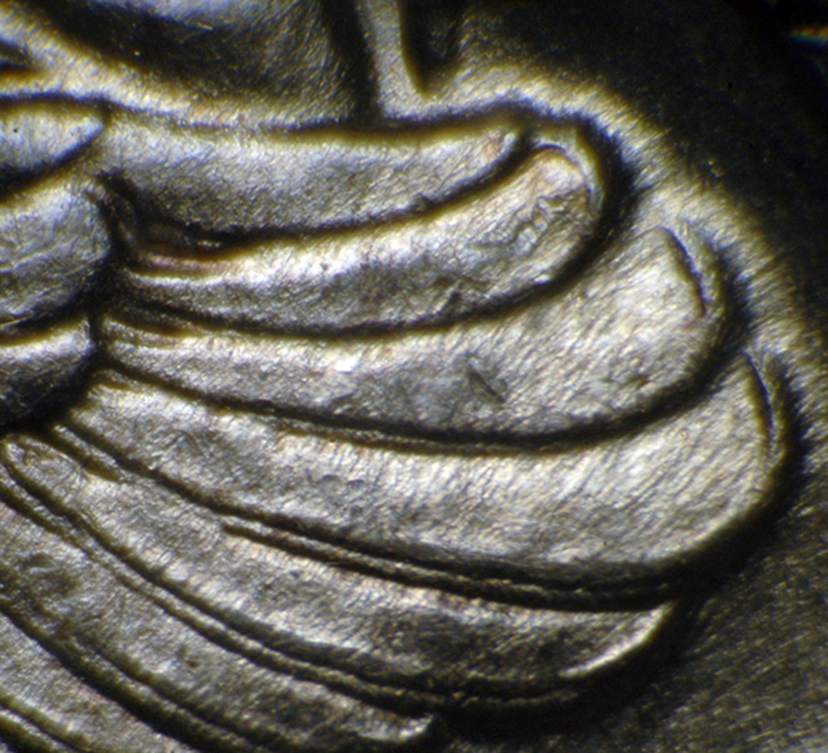 The wing feathers on this Winged Liberty dime shows strong doubling on to the south almost appearing as an outline below each feather.