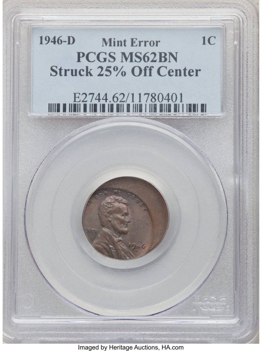 Slip sliding away!  This example shows a Lincoln cent struck 25% off-center.  Graded MS-62 Brown PCGS, it sold for $1,800.  (Image courtesy of Heritage Auctions)