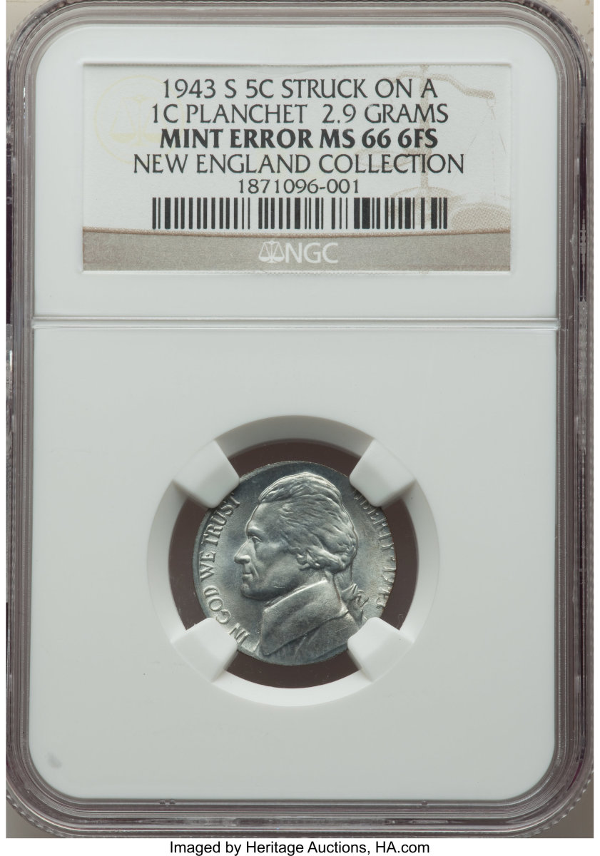 A 1943-S Jefferson nickel was accidentally struck on a steel cent planchet.  You’ll notice it is slightly uncentered, with a full rim at nine o’clock on each side while the right side legends are partly off the flan. Aside from a handful of wrong planchet errors, steel cents were only struck in 1943. This error sold for $13,200.  (Image courtesy of Heritage Auctions)