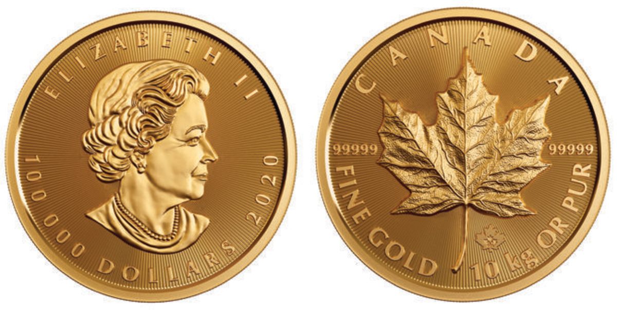 The 2020 $100,000 10-kg 99.999 percent pure gold Maple Leaf coin. (Images courtesy Royal Canadian Mint)