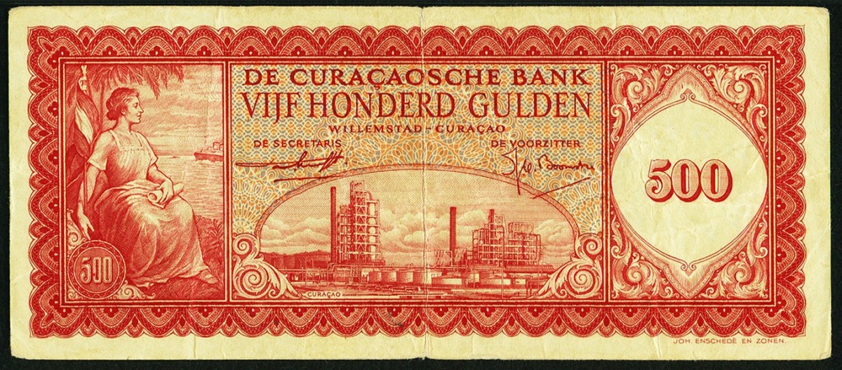  Wonderful sleeper: the Curacao 500 Gulden of 25 November 1954 (P-44) that realized $24,000 in PMG Very Fine 30 on a starting bid of $1,000. (Image courtesy and © www.ha.com.)