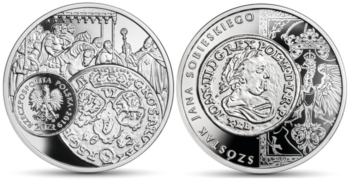Obverse and reverse of the new Polish silver 20 zł proof comemmorating the historic 17th century szóstak of six grosz of John III Sobieski. Images courtesy Narodowy Bank Polski.