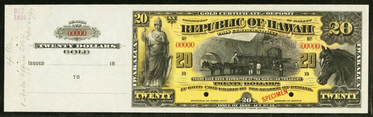  The very rare Republic of Hawaii $20 gold certificate specimen of 1895 complete with counterfoil (P-8s). It took $19,200 in PMG Choice Uncirculated 64 EPQ condition. (Image courtesy and © www.ha.com.)