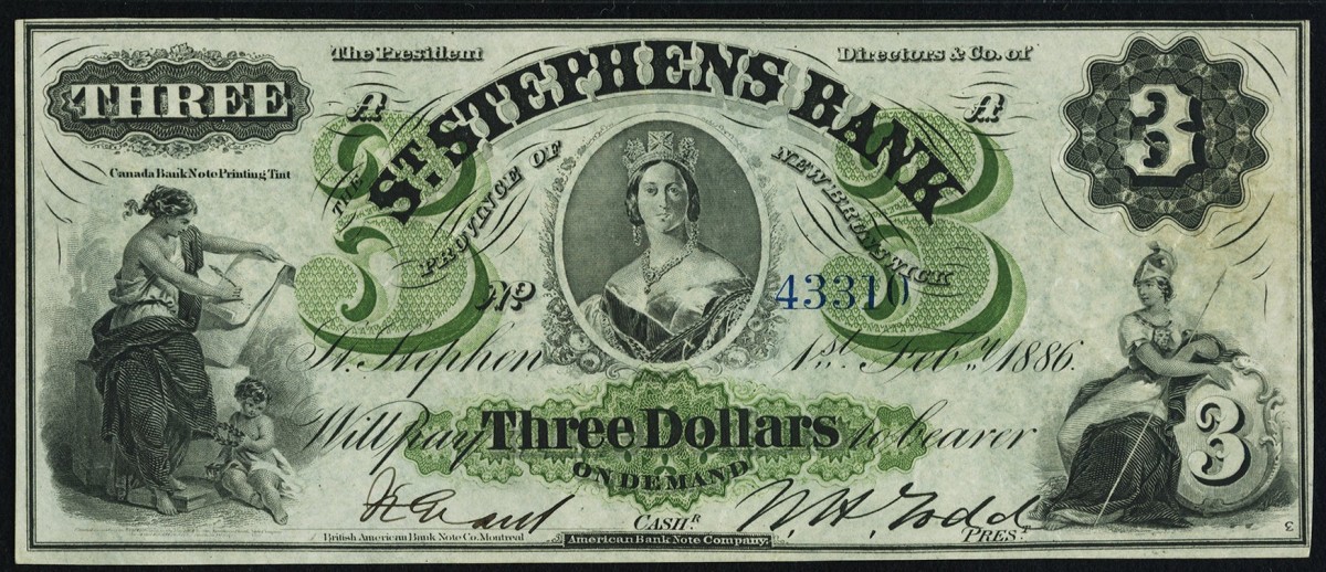  The Chalon portrait of a young Queen Victoria sporting the George IV State Diadem is front and center on this rare Stephens Bank $3 of 1 February 1886 from the Eisenhauer Collection (Ch. 675-20-04-18). In PMG Choice About Unc 58 it sold for $26,400. (Image courtesy and © www.ha.com.)