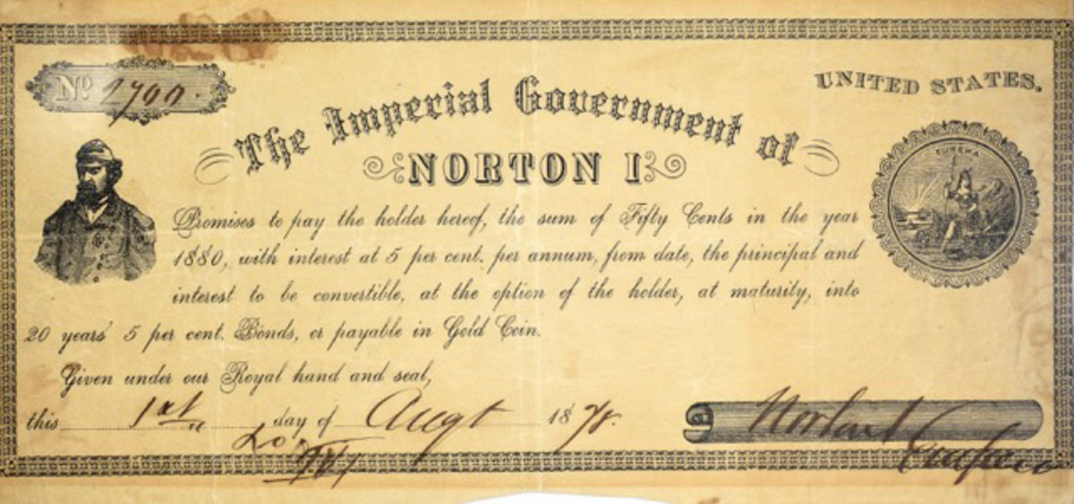 50-cent note of Emperor Norton I, Emperor of the United States and Protector of Mexico, offered in a sale by Kagin's Auctions.