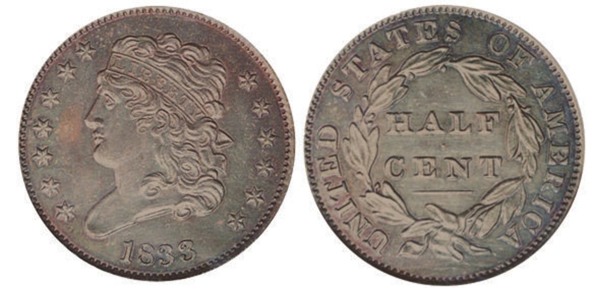 An 1833 Classic Head half cent graded PR-64 Brown by PCGS. (Images courtesy Heritage Auctions)