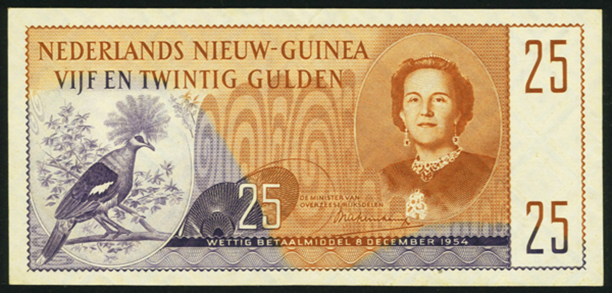  Ever-popular but seldom-seen Netherlands New Guinea 25 gulden with Queen Juliana at right, P-15a, to be sold graded PMG About Uncirculated-55. (Image courtesy and © www.ha.com)