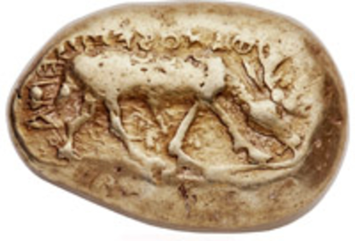  Obverse of one of the earliest coins to bear both type and inscription: electrum stater from Ephesus named to Phanes (ca. 625-600 B.C.E.). It sold for $120,000 in VF 4/5 – 4/5. The image is that of a a spotted stag walking. (Image courtesy and © www.ha.com)
