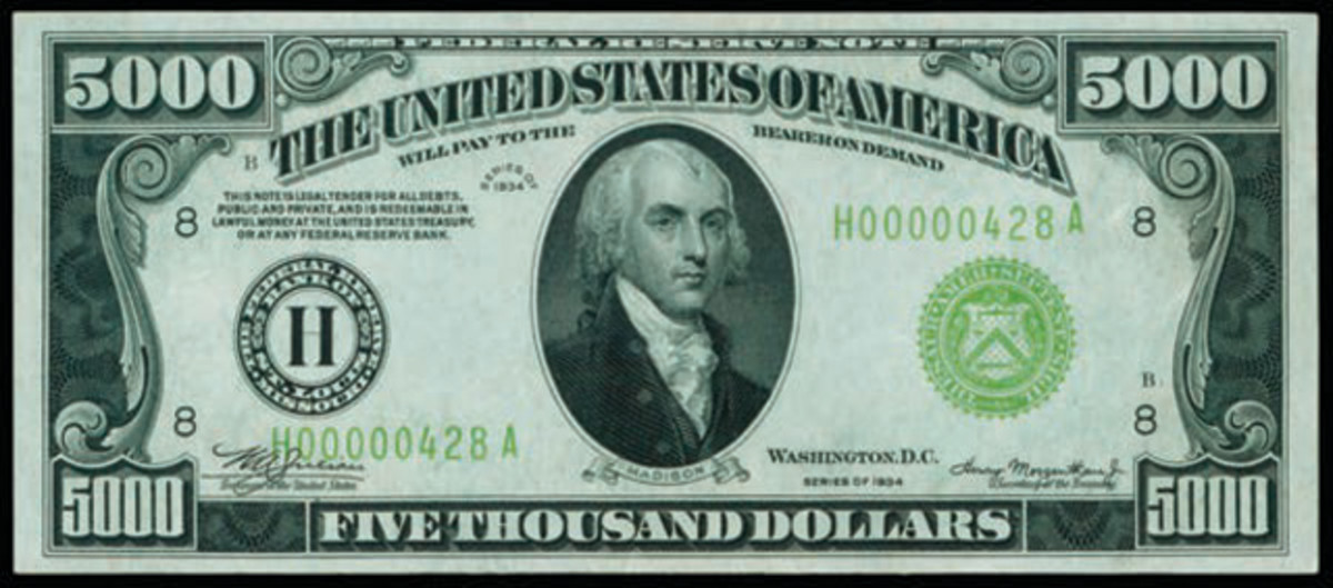 Graded PMG Choice Uncirculated 64EPQ this St. Louis $5,000 went for $258,500.