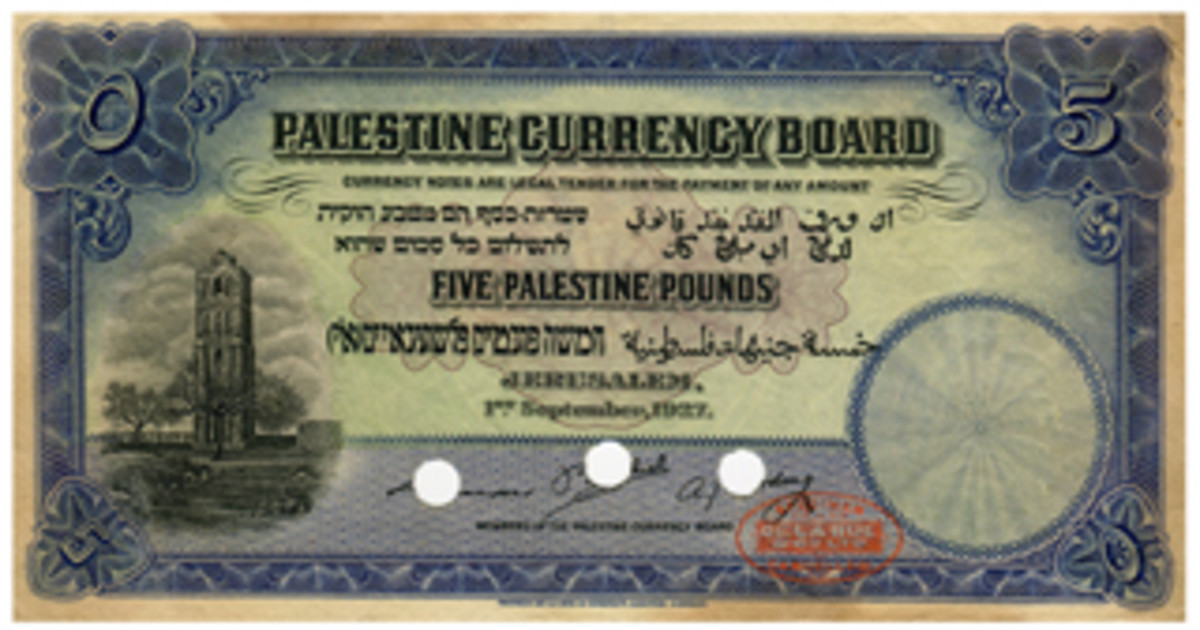 A Palestine Currency Board 1927 five pound color trial note is featured in the upcoming sales.