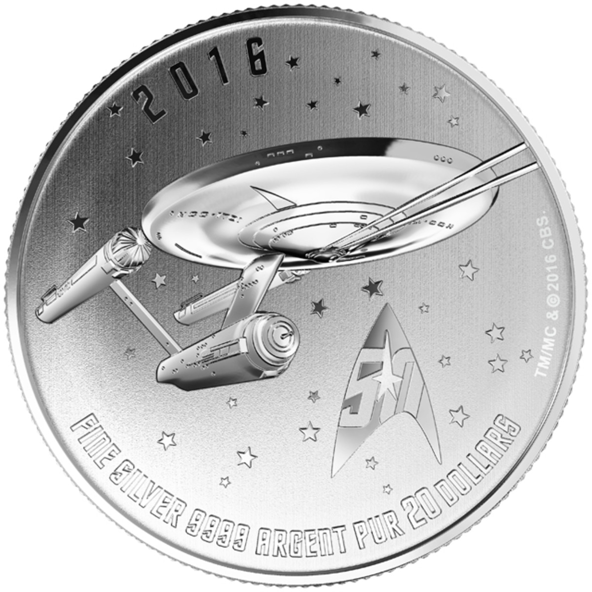 U.S.S. Enterprise blasts a locked-on target on an “affordable” BU silver $20. Image courtesy RCM. TM & © 2016 CBS Studios Inc. STAR TREK and related marks and logos are trademarks of CBS Studios Inc. All Rights Reserved.