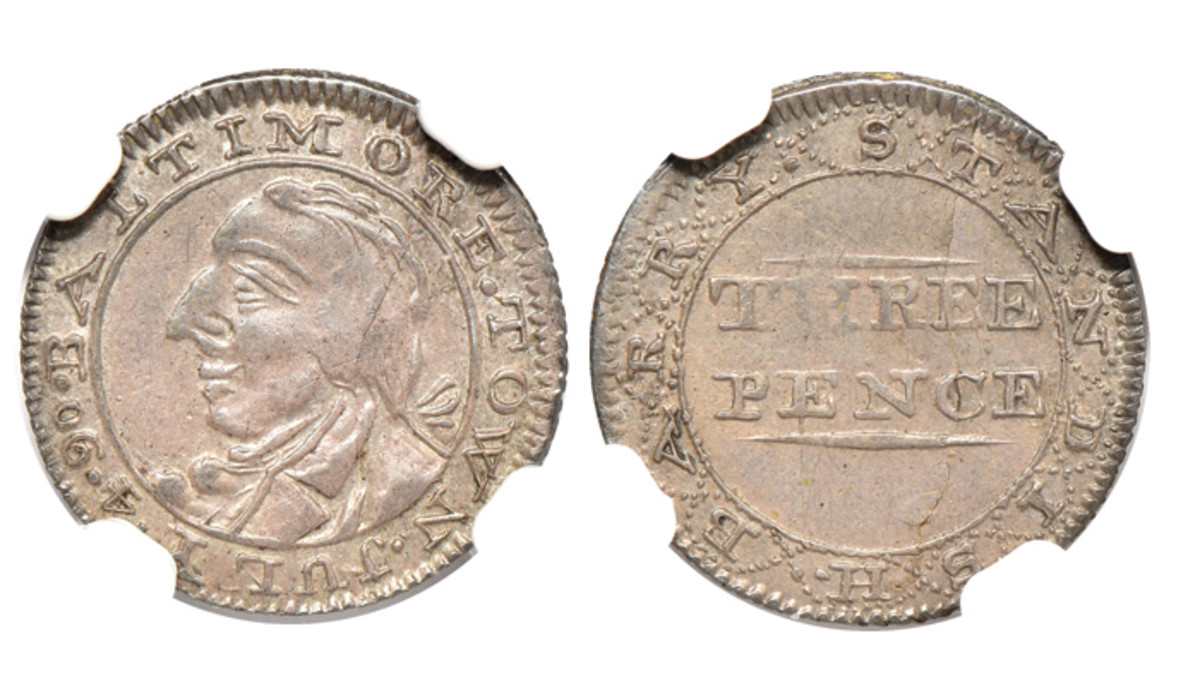 Lot 538, a 1790 Standish Barry Baltimore threepence that is believed to be struck in commemoration of Independence Day. Its online bid at the time of writing was $90,000