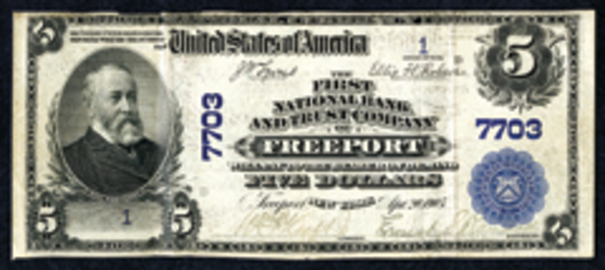 Serial No. 1, The First National Bank of Freeport, N.Y. $5, 1902 Plain Back, Fr. 598, goes to the block with a $2,000 to $3,000 estimate.