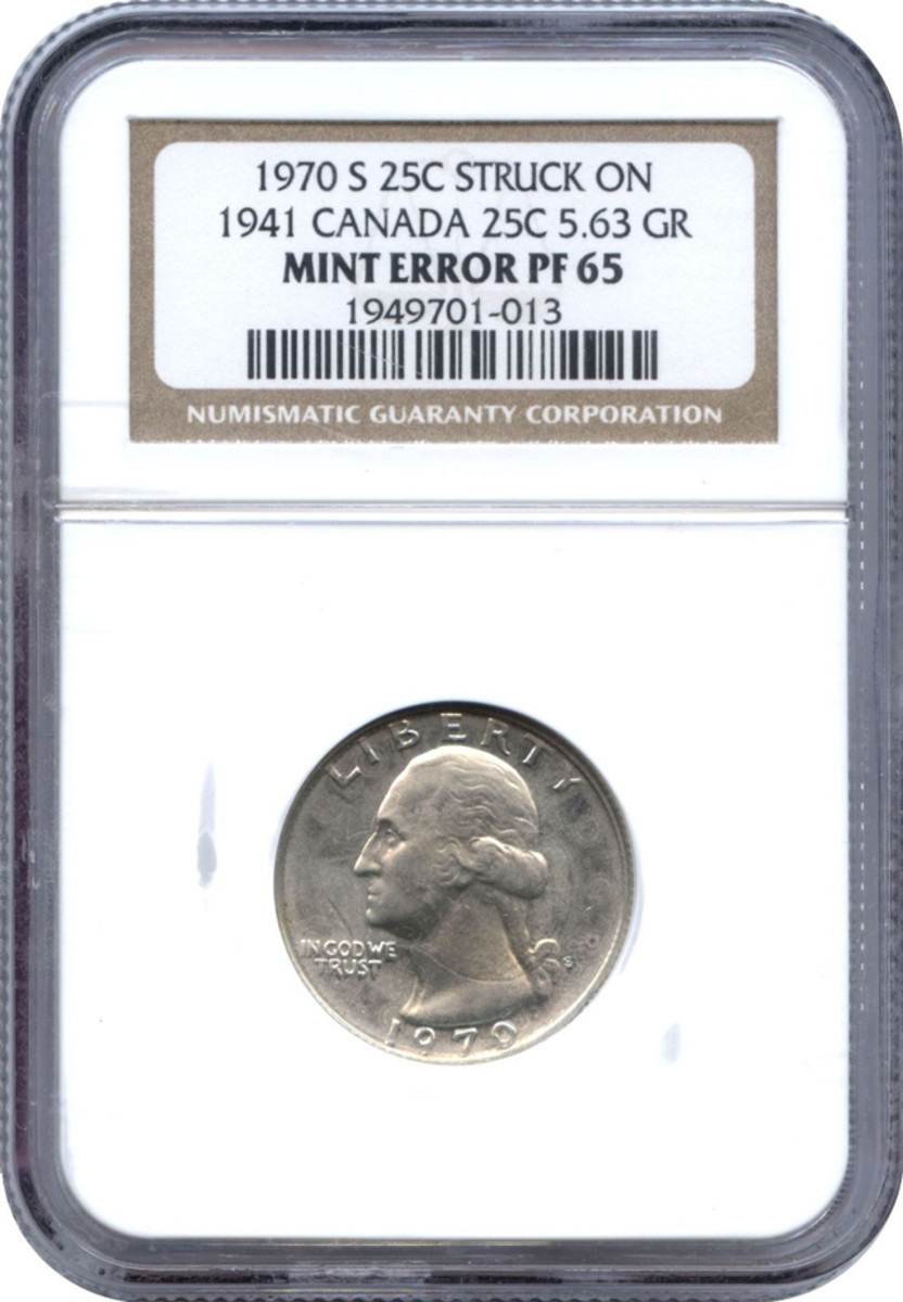 The certified 1970-S proof quarter struck over a 1941 Canadian silver quarter.