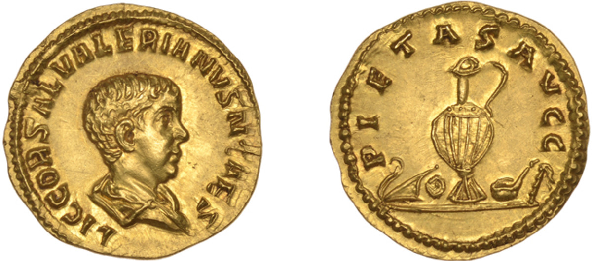 The aureus that sold for $131,040 dates from 258. It depicts a bare-headed Saloninus as Caesar on the obverse. He had been appointed Caesar or first in line of the succession in 258 by his father, probably at the instigation of his grandfather, Valerian I, the senior Emperor at the time. In 260 Saloninus was murdered by rebellious troop in Cologne at age 18. Image courtesy DNW.