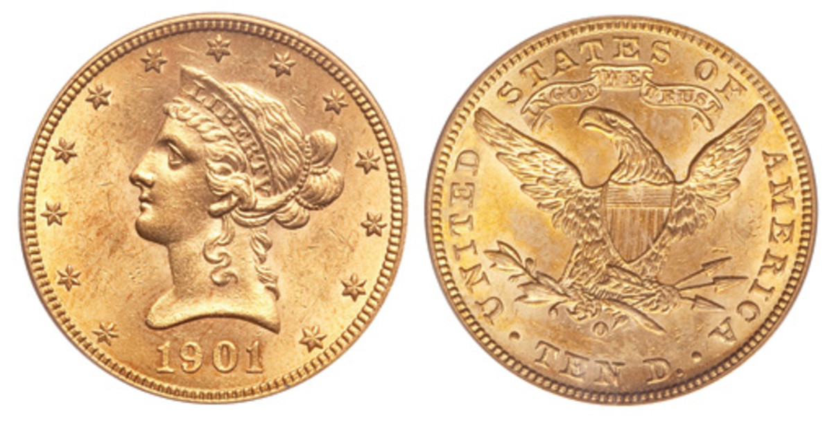  Of the four O-mint Liberty head Eagle issues of the early 1900s, the 1901-O, shown here, had the smallest mintage at 72,041. (Images courtesy of Heritage)