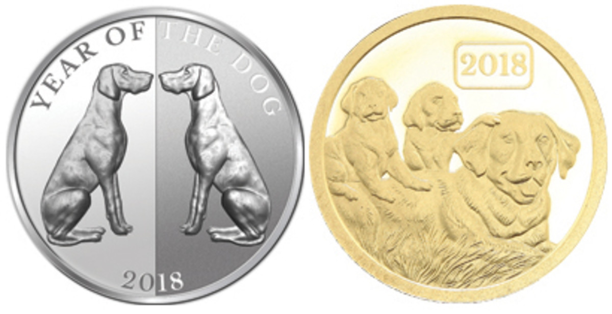  Reverses of Tokelau’s third ‘Mirror Series’ lunar silver $5 and gold “Dog Family” $5. (Images courtesy treasuresofoz.net)