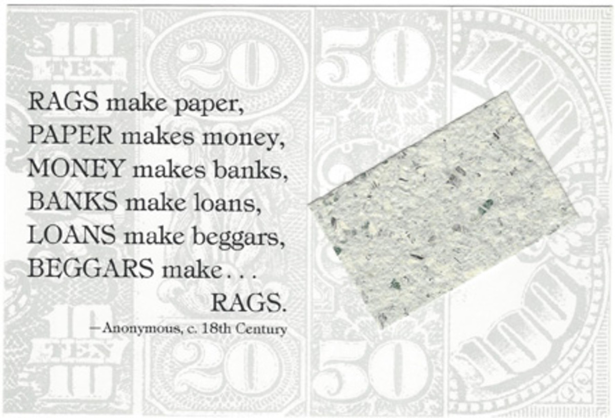  A more modern adaptation of the use of macerated currency on a card is seen here. The text is also of more than passing interest.