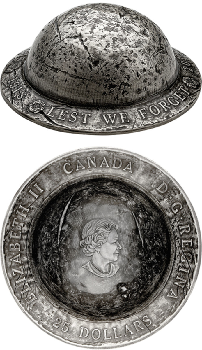  The Royal Canadian Mint’s WWI Lest We Forget helmet coin begins with a small sheet of metal and ends as almost a piece of art. Check out the story of this coins development on our website or Facebook page. (Image courtesy Royal Canadian Mint.)