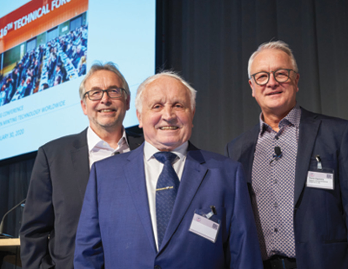 At the opening of the 16th Annual Technical Forum at the World Money Fair 2020 (from left): Dieter Merkel of Schuler Pressen, Albert Beck, WMF founder and honorary president, and Thomas Hogenkamp of Spaleck, each also Coin of the Year judges. (Photo by Andreas Schoelzel, courtesy of World Money Fair.)