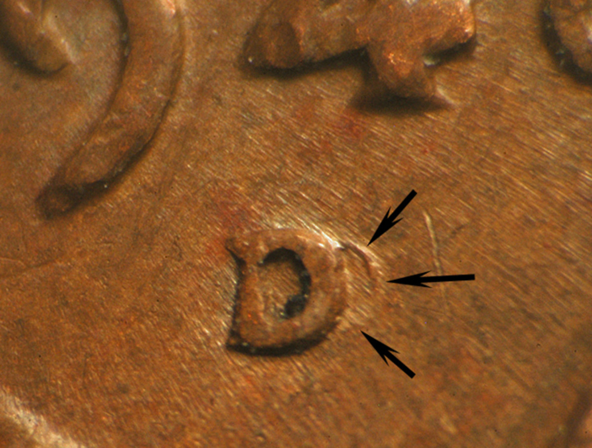 Photo of the 1948-D repunched mintmark Lincoln cent.