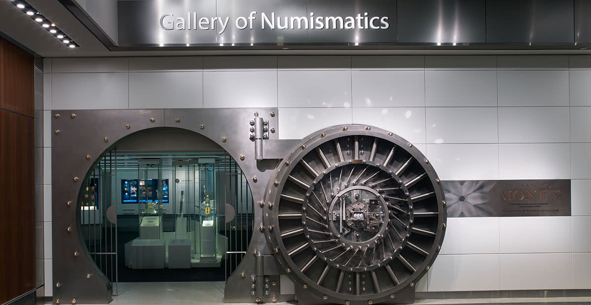  One of our first stops, the Gallery of Numismatics in the Smithsonian’s American History Museum, has a unique “vault” entrance. (Image courtesy of the Smithsonian Institution)