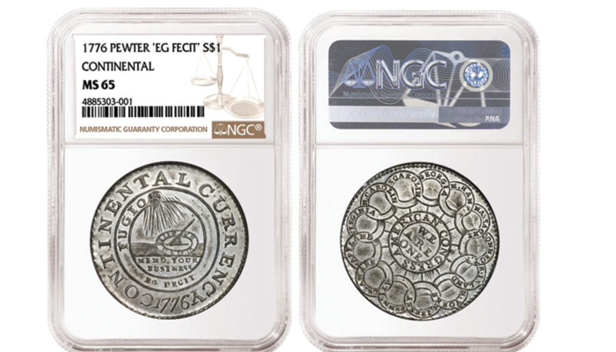 Shown here is the 1776 Pewter Continental Dollar up for auction in Heritage's Dallas Auction Oct. 17-19. Images courtesy of NGC