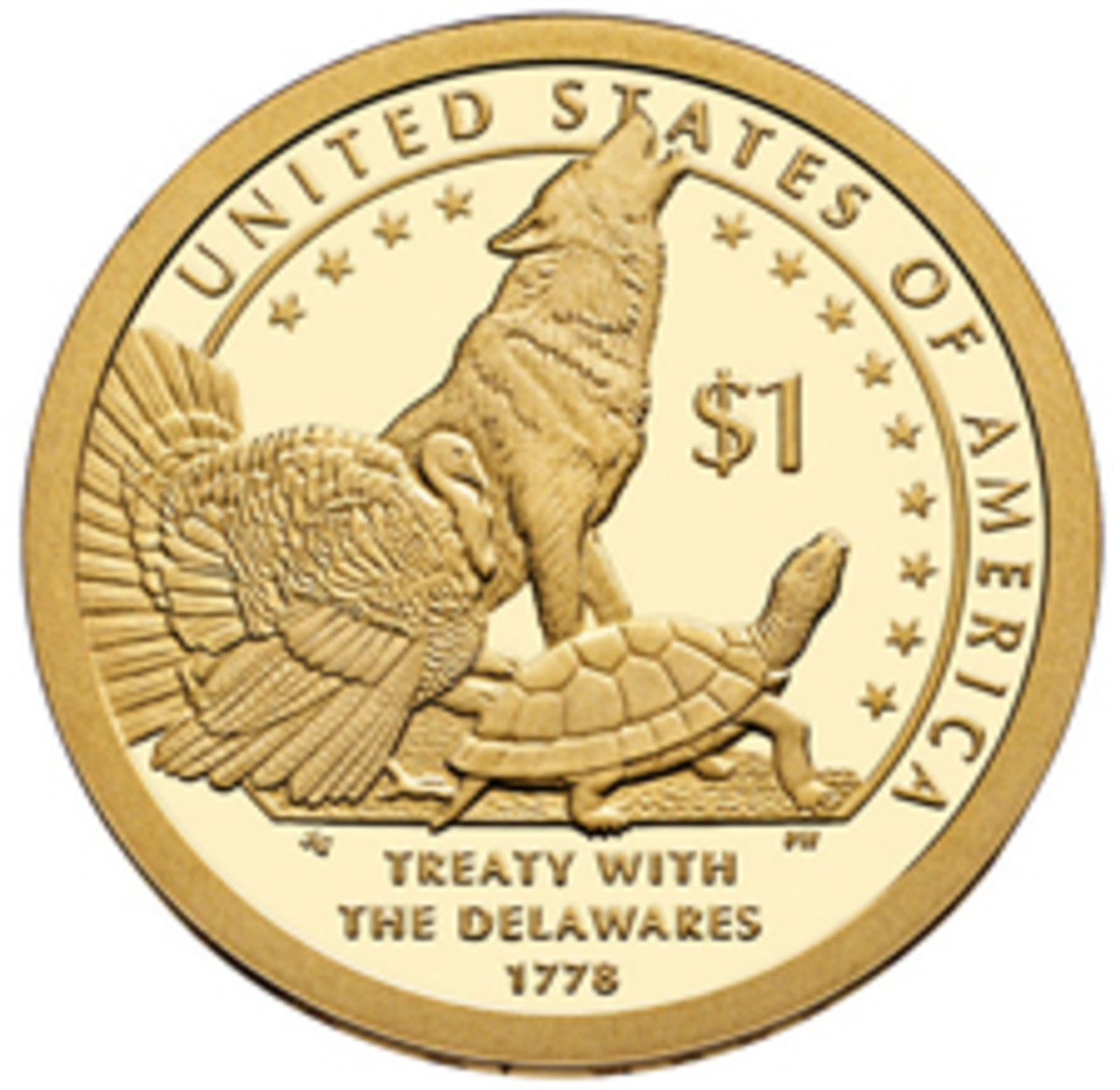  Reverse of the 2013 Native American dollar coin honoring the The Delaware Treaty (1778). New legislation preserves the series.(Image courtesy www.usacoinbook.com)