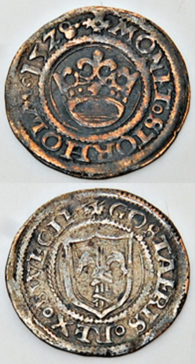  While more southerly European countries were starting to use larger silver and gold coins up in Scandinavia, it was still mostly pennies and local equivalents. This coin, a half ortug, was struck for Swedish King Charles II (now VIII), made in his seat of power, Abo, now called Turku, in Finland. (Photos courtesy Spink & Son, London, UK, www.spink.com)