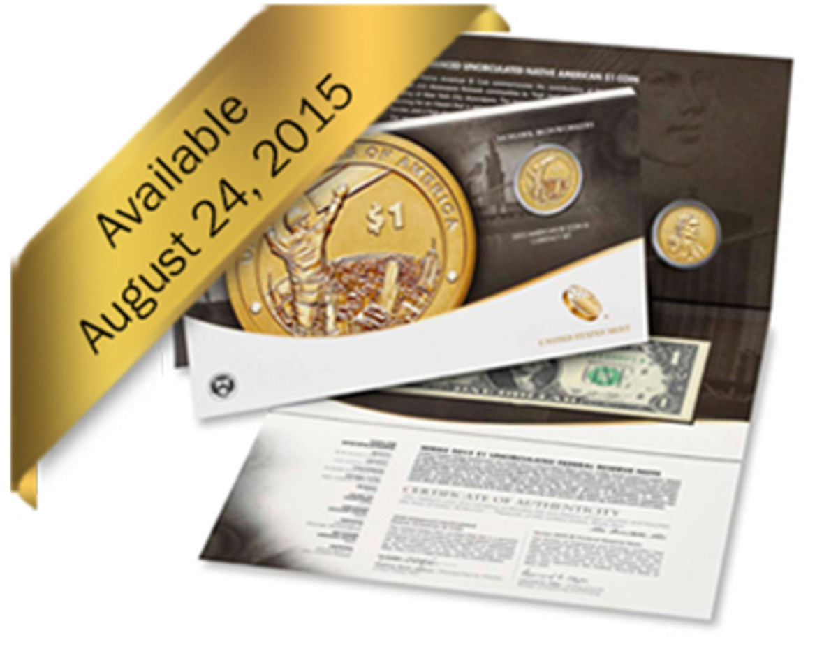 The set features a 2015-W Native American dollar and Series 2013 one dollar note with the first three digits in the serial number being 911.