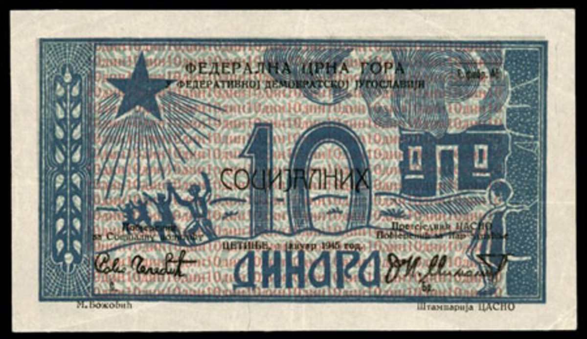  Federal Regime of the Yugoslav Democratic Federation Cetinje, Montenegro, 10 dinara of 1 January 1945 (P-S101). One of just 20-25 examples believed extant, it sold for $3,300 in VF/XF. (Image courtesy Lyn Knight Auctions)