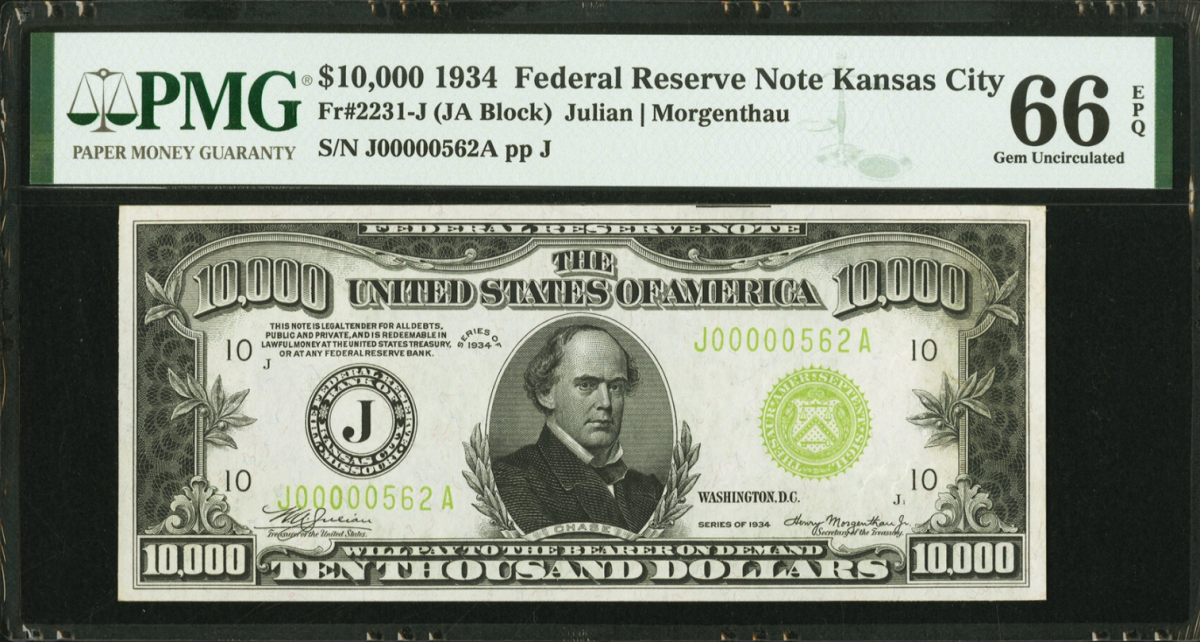 Lot 20637 is this $10,000 1934 Federal Reserve Note with signatures of Julien and Morgenthau. (Image courtesy of Heritage Auctions)