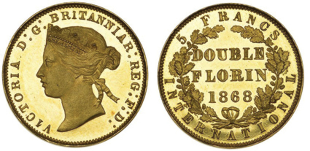  Queen Victoria pattern double florin in gold of 1868 by L.C. Wyon (KM-Pn115) that realized $18,504. (Images courtesy DNW)