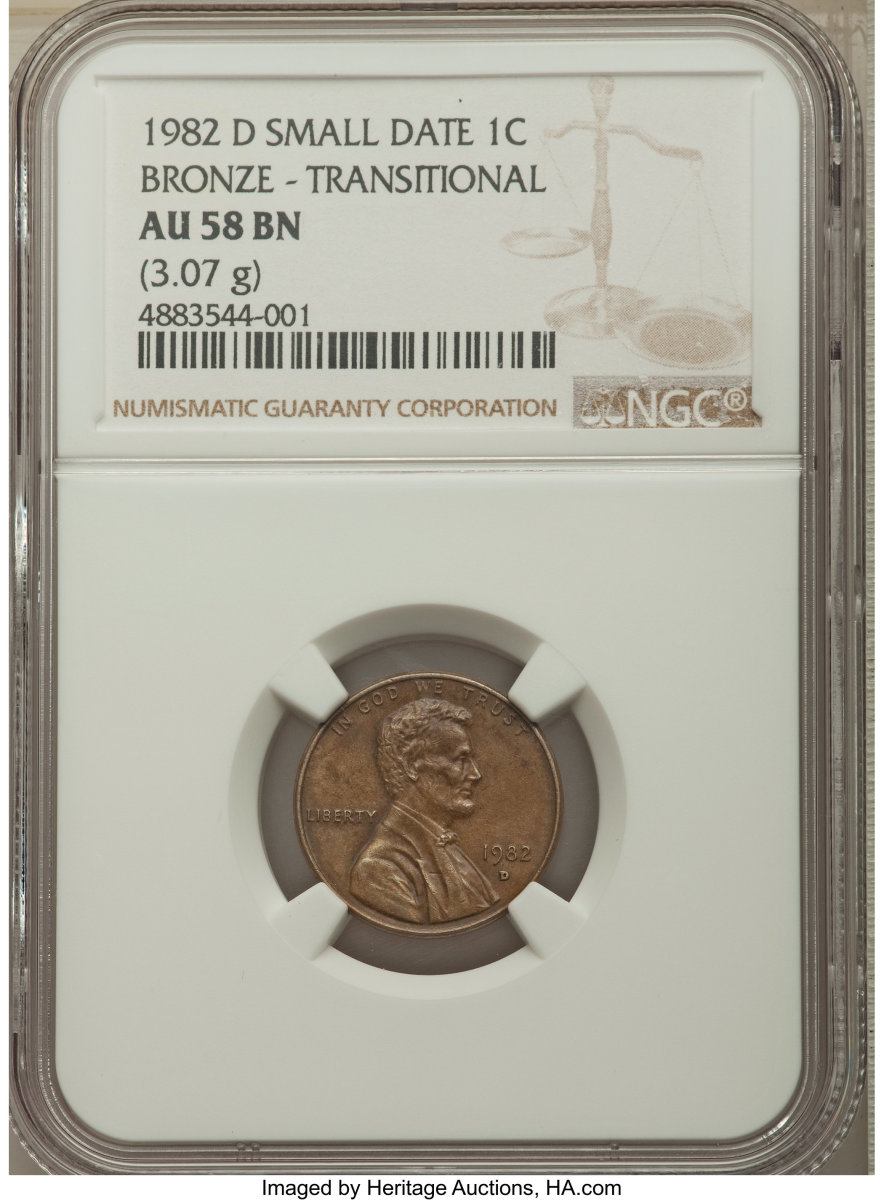 This 1982-D Small Date 1C Bronze in AU58 BN NGC is a very rare transitional alloy error, cousins to the famous 1943 bronze cents.
