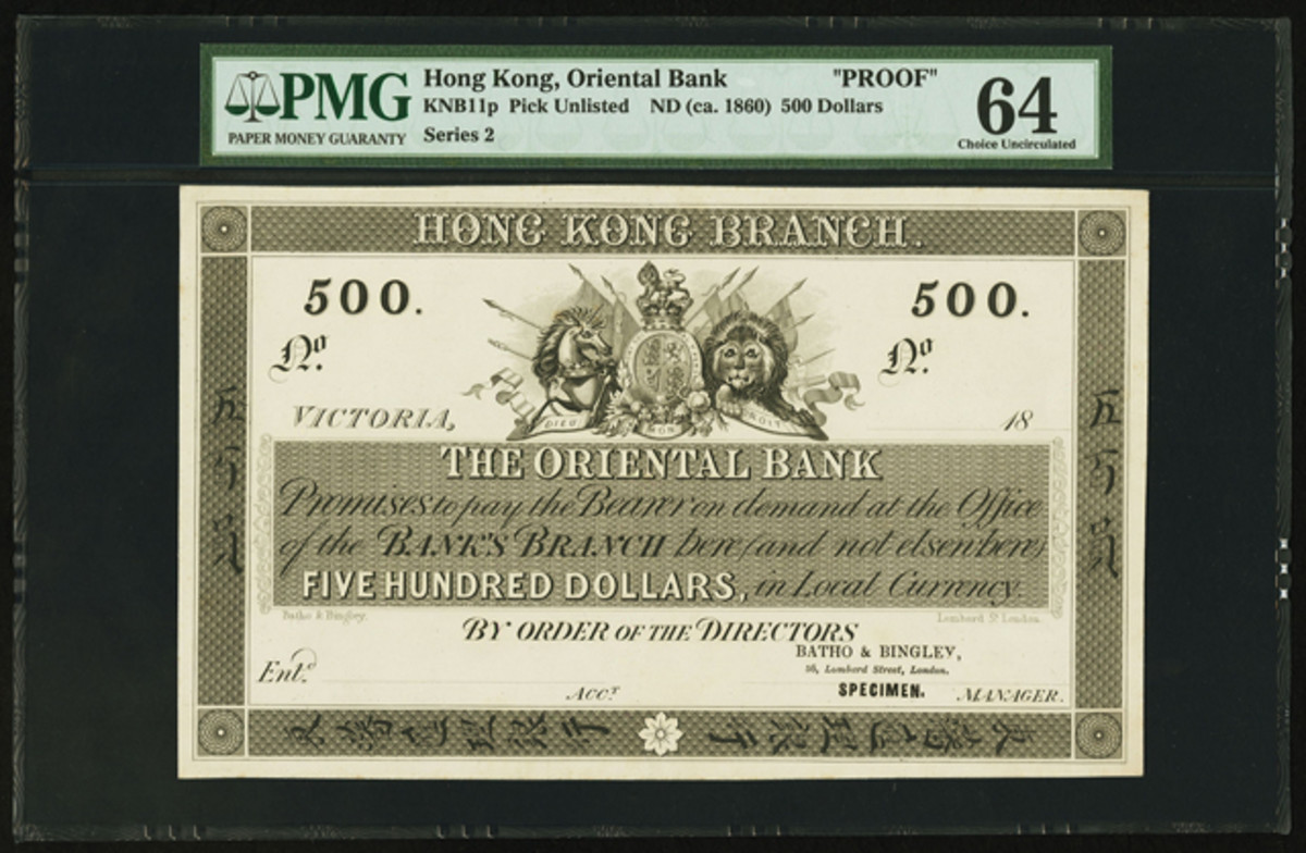 Top selling Hong Kong Oriental Bank $500 proof that sold for $45,410.