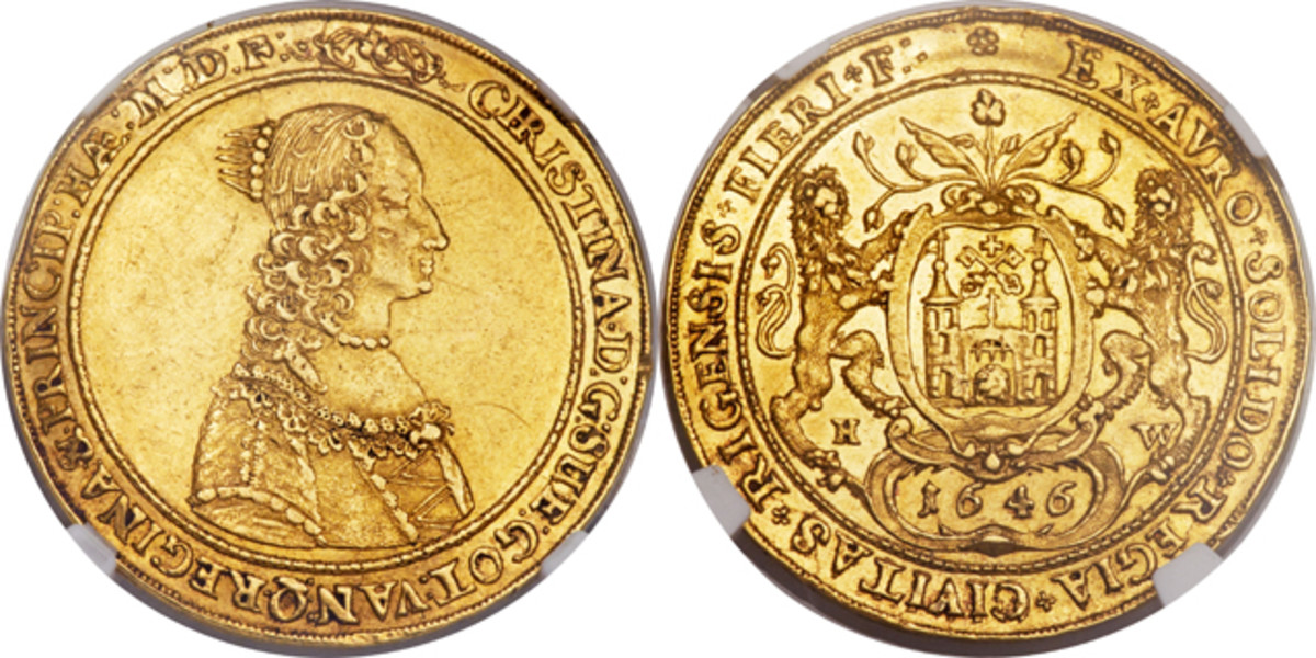 Lot 30904: A NGC-graded AU-53 1646 Queen Christina Swedish Possession of Riga 4 ducat. Estimate: $100,000 - $125,000.