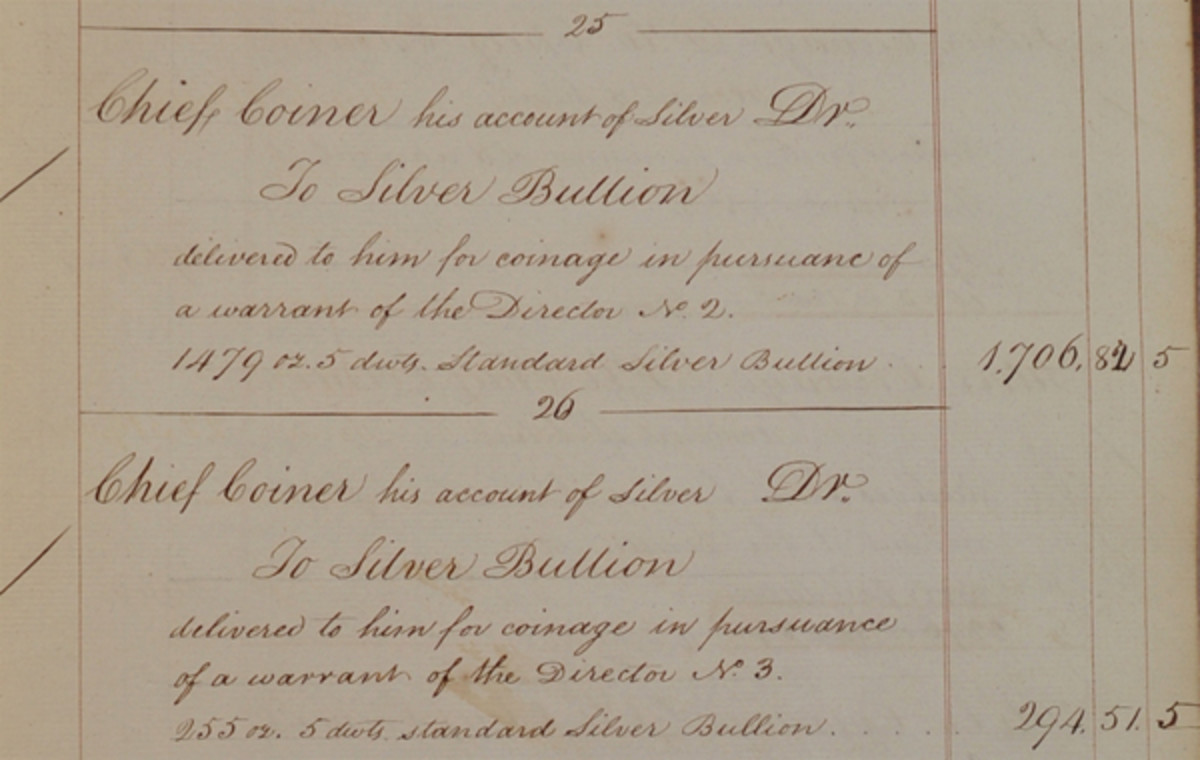  Figure 2. The Chief Coiner records the transfer of silver deposits Nos. 2 and 3 to the custody of the Chief Coiner. From Waste Book: Aug. 25 & 26, 1794.