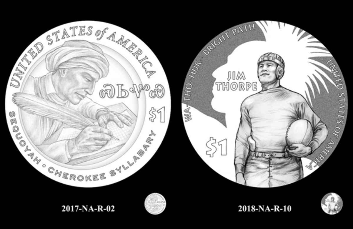 The chosen designs for the 2017 (left) and 2018 (right) Native American dollar coins.