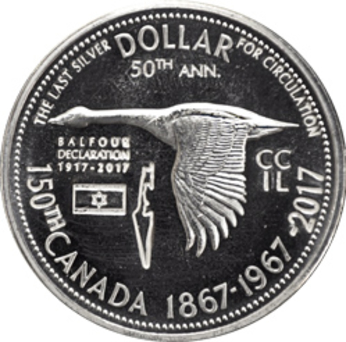  A counterstamped Canadian silver dollar issued by dealer Israel Lachovsky marks the 100th anniversary of the Balfour Declaration.