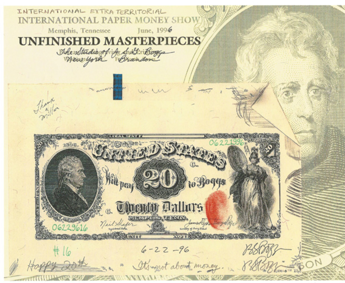  For FUN 1996, Boggs made his version of an Unfinished Masterpiece by using his rendition of an 1869 $20 Treasury Note on the copied frame of the 1996 FUN card. The Boggs $20 lacks some text elements at top and bottom, qualifying his image as an unfinished note. He personalized this one for me by writing my name at left in the official spot.