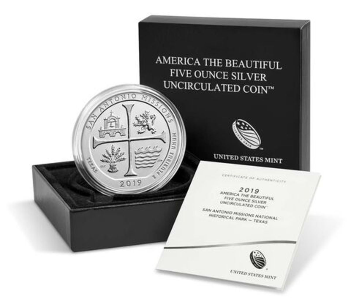 Each of the 5-ounce coins includes 99.9 percent silver and is delivered in a keepsake box accompanied by a certificate of authenticity.  (Image courtesy of the United States Mint)
