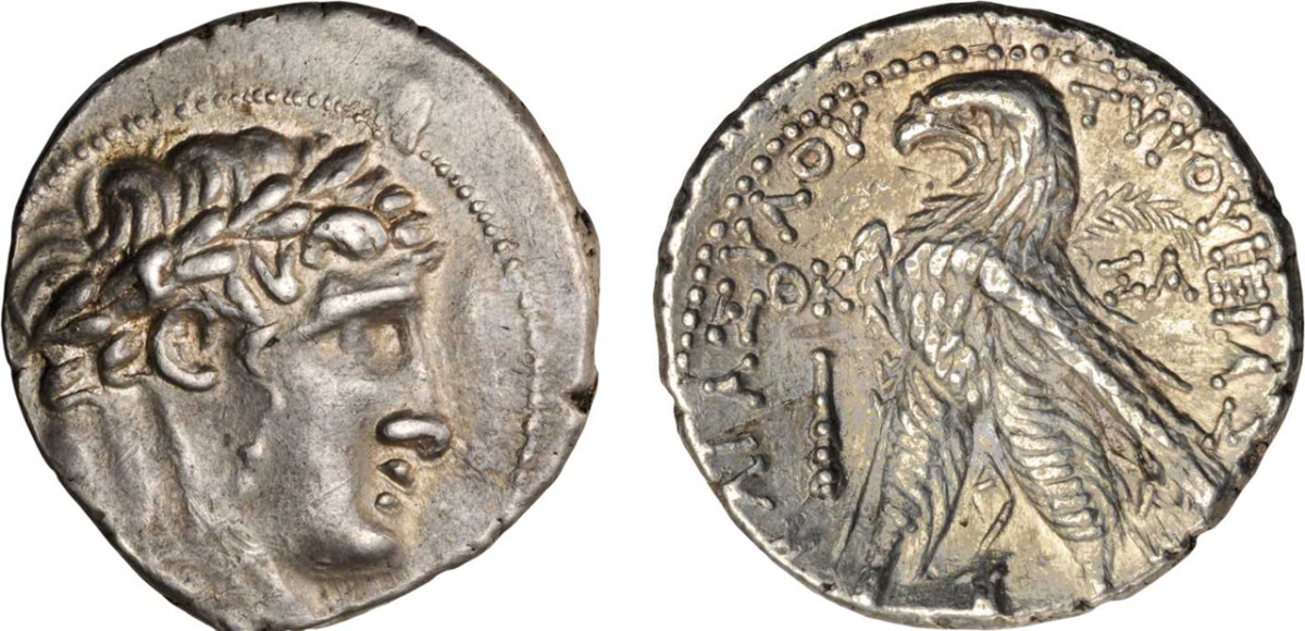 Obverse of a silver tetradrachm of Tyre about 126 B.C.E. or later depicts the laureate head of the god Melqarth. Reverse is an eagle. Courtesy of Stack’s.