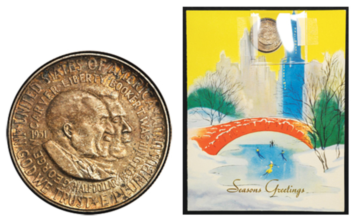  The 1951 George Washington Carver/Booker T. Washington commemorative half dollar that came housed in a six-color Christmas card holder from the Booker T. Washington Birthplace Committee in 1952. (Images courtesy Stack’s Bowers)