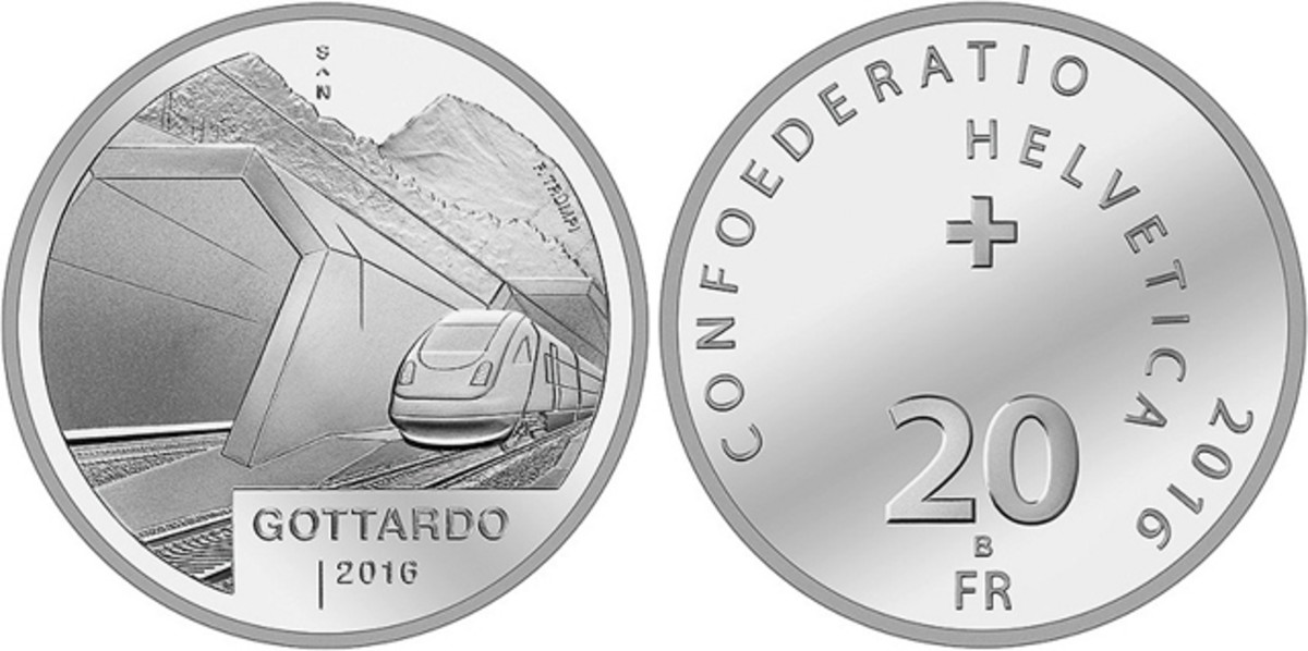 The 2016 20 Francs Swiss silver coin honoring the completion of the Gotthard Tunnel was issued just before the tunnel's opening.