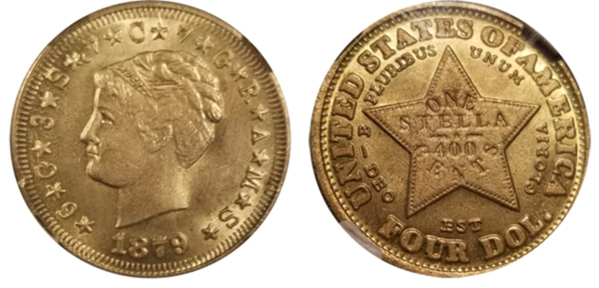 Obverse and reverse of the counterfeit 1879 Coiled Hair $4 Stella that is jointly being investigated by the Anti-Counterfeiting Educational Foundation and federal and local California law enforcement agencies. (Images courtesy Ryan Moretti.)